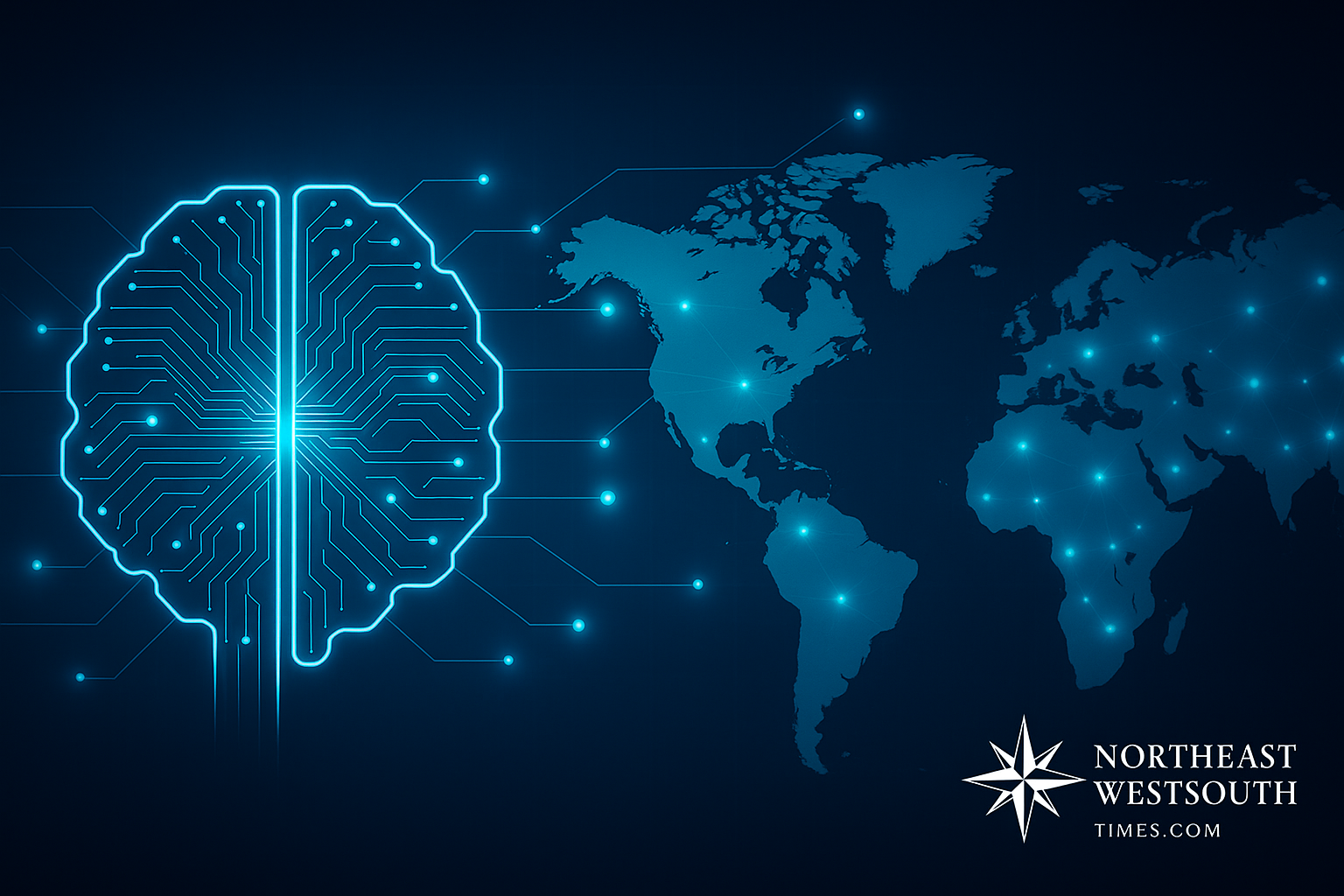 AI trends 2025 illustration showing artificial intelligence transforming the world with digital networks and futuristic technology.
